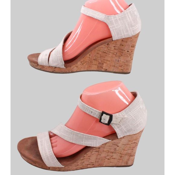 TOM'S Wedge Sandals Cork Wedge Heels in Cream Women's Size 9 - Picture 4 of 11
